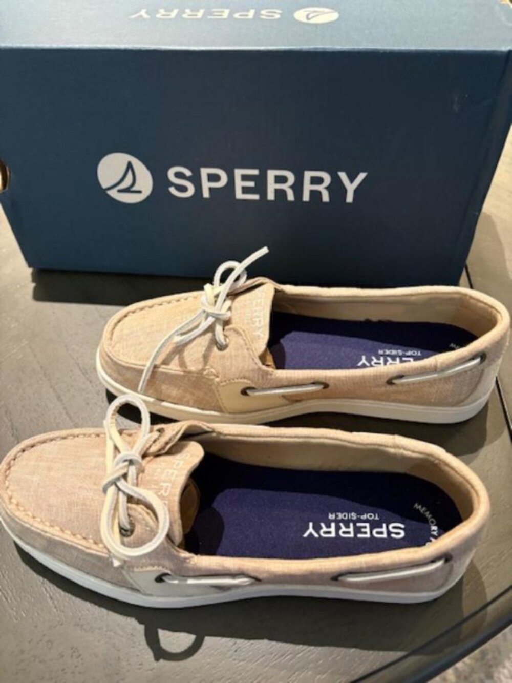 Women's Sperry 1-Eye Boat Shoes Chambray Tan Size 5M Leather Canvas Slip On New